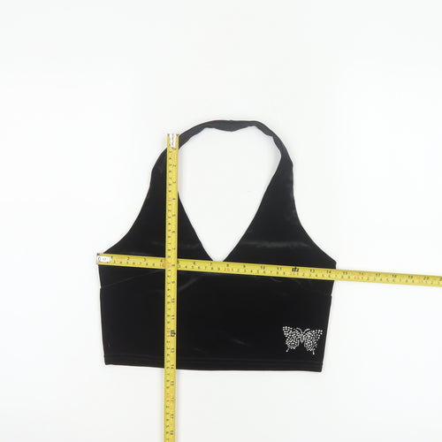 Urban Renewal Women Black S Velvet Halter Crop Top Rhinestone Butterfly