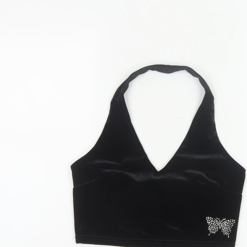 Urban Renewal Women Black S Velvet Halter Crop Top Rhinestone Butterfly