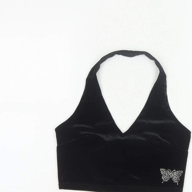 Urban Renewal Women Black S Velvet Halter Crop Top Rhinestone Butterfly