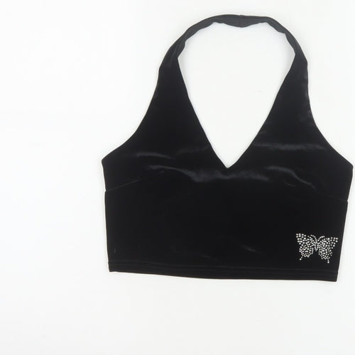 Urban Renewal Women Black S Velvet Halter Crop Top Rhinestone Butterfly