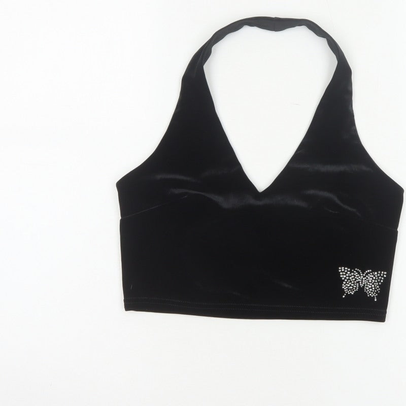 Urban Renewal Women Black S Velvet Halter Crop Top Rhinestone Butterfly