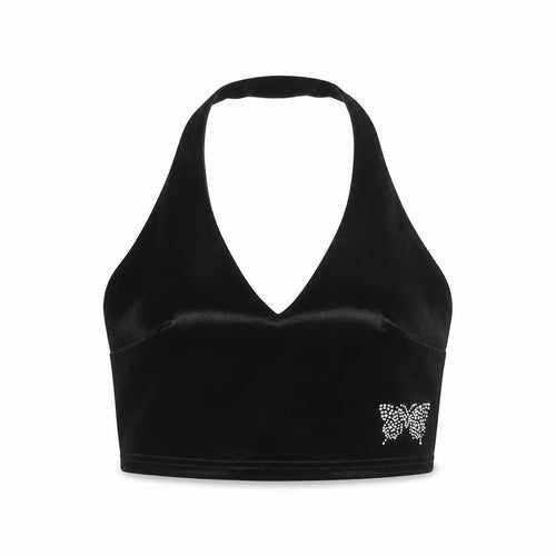 Urban Renewal Women Black S Velvet Halter Crop Top Rhinestone Butterfly