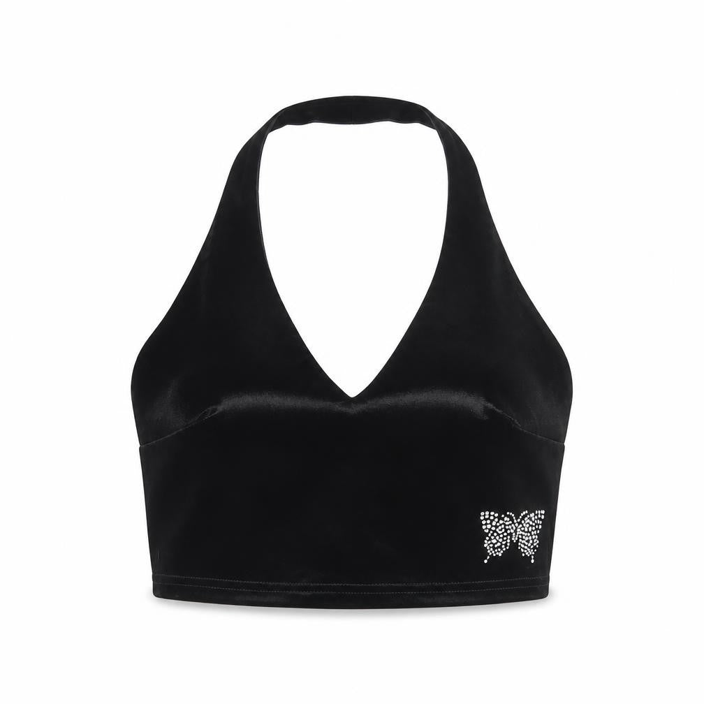 Urban Renewal Women Black S Velvet Halter Crop Top Rhinestone Butterfly
