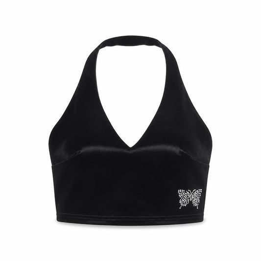 Urban Renewal Women Black S Velvet Halter Crop Top Rhinestone Butterfly