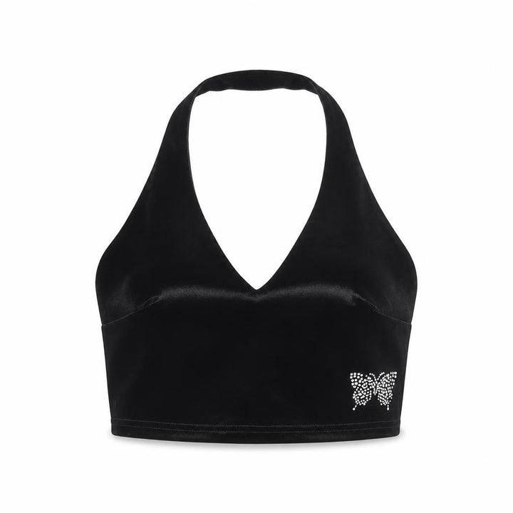 Front view of Urban Renewal Women Black S Velvet Halter Crop Top Rhinestone Butterfly