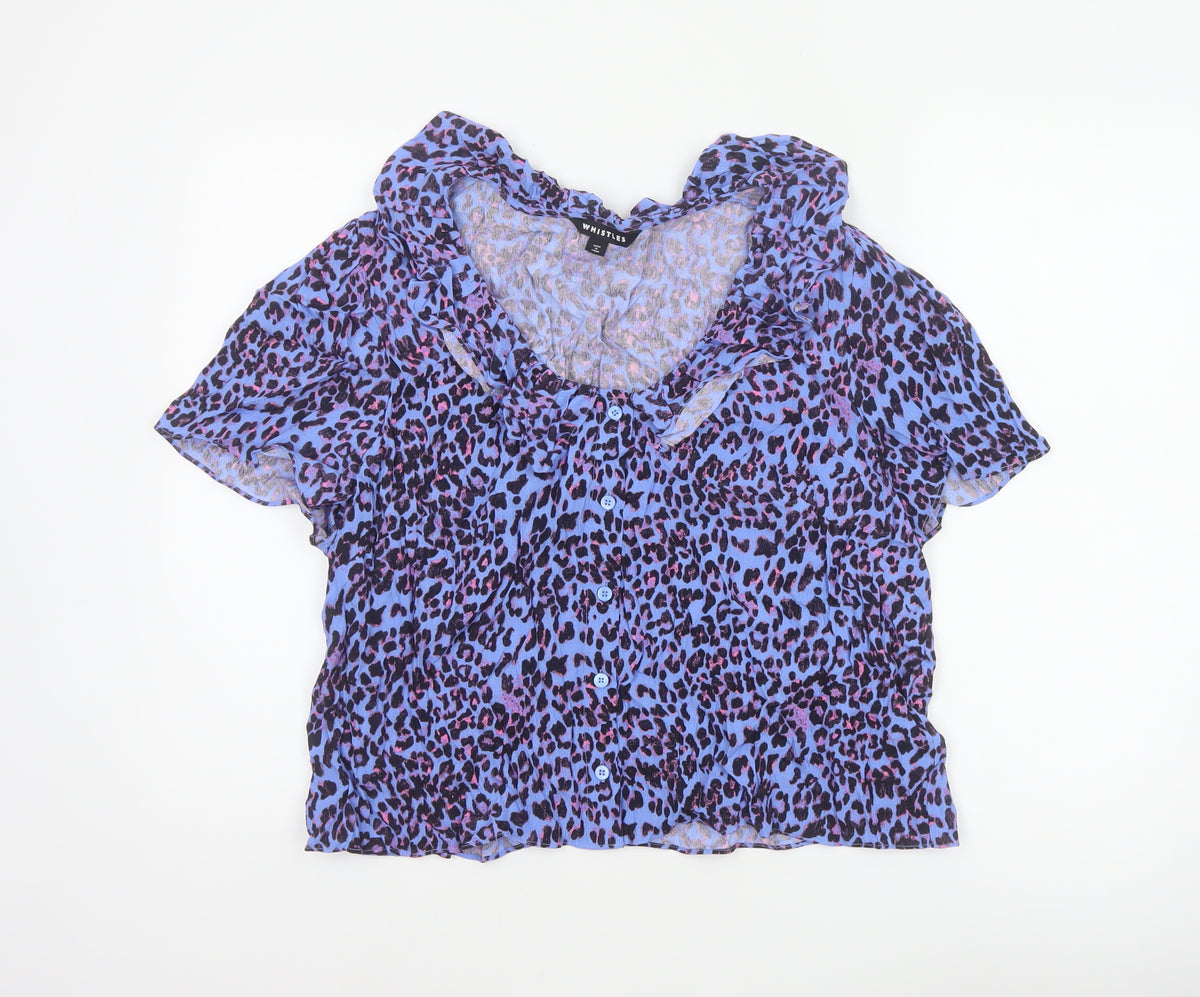 Back view of Whistles Women Blue Leopard Print Ruffle Button Blouse UK 18