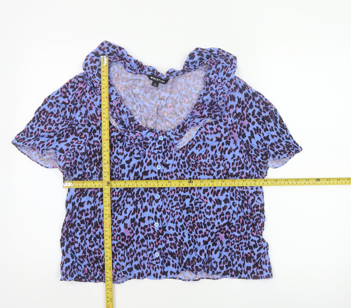 Close-up detail of Whistles Women Blue Leopard Print Ruffle Button Blouse UK 18