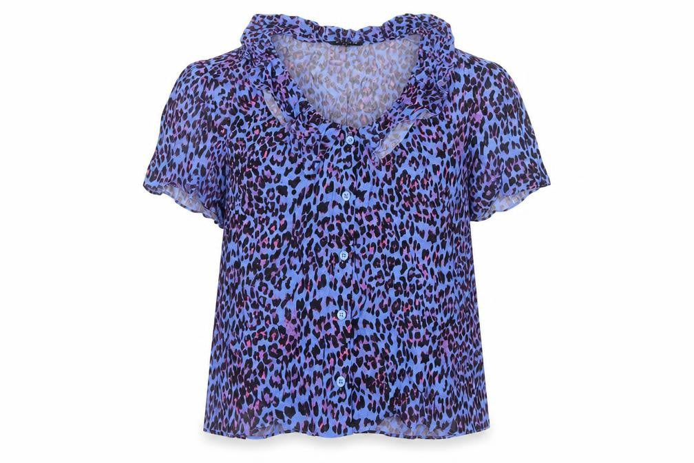 Front view of Whistles Women Blue Leopard Print Ruffle Button Blouse UK 18