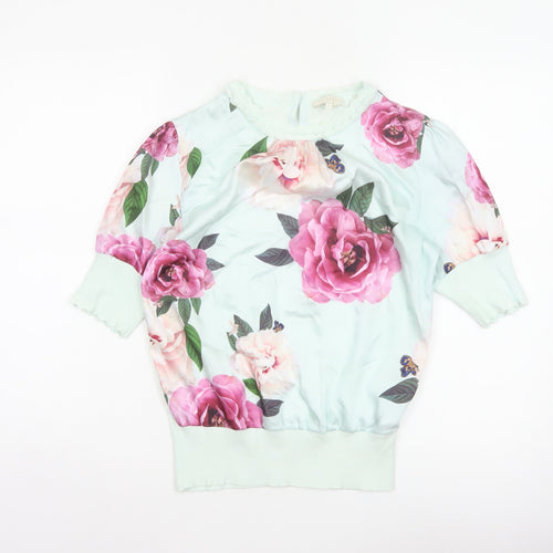 Ted Baker Women Green UK 8 Floral 3/4 Puff Sleeve Satin Blouse