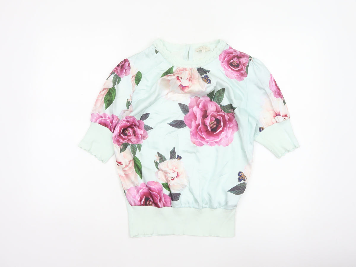 Ted Baker Women Green UK 8 Floral 3/4 Puff Sleeve Satin Blouse