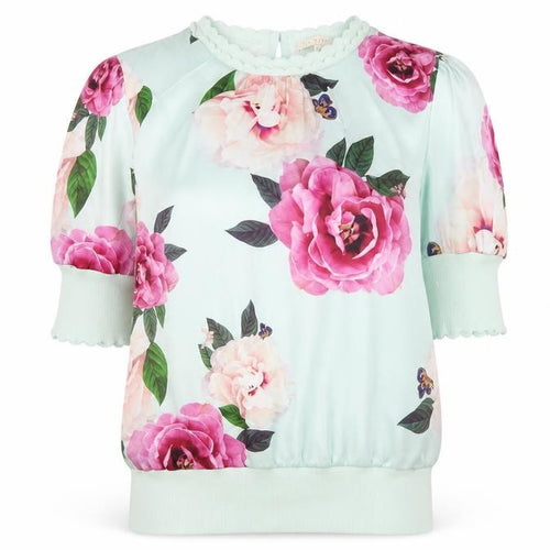 Ted Baker Women Green UK 8 Floral 3/4 Puff Sleeve Satin Blouse