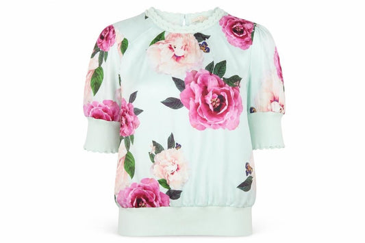 Ted Baker Women Green UK 8 Floral 3/4 Puff Sleeve Satin Blouse