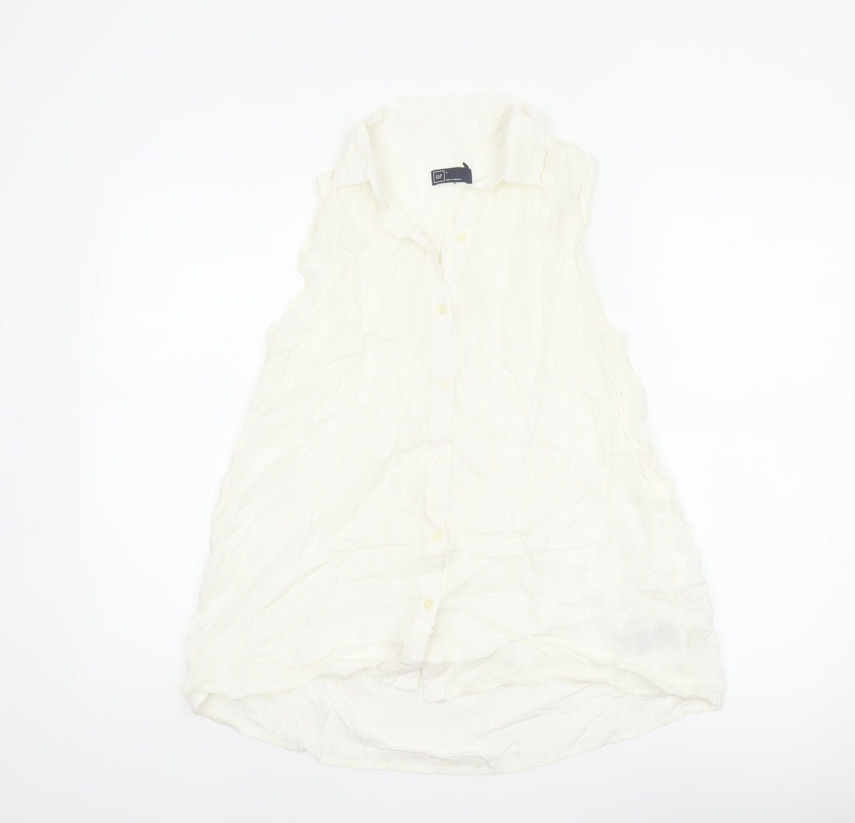 Back view of GAP Women White S Sleeveless Ruffle Collar Rayon Button-Up Blouse