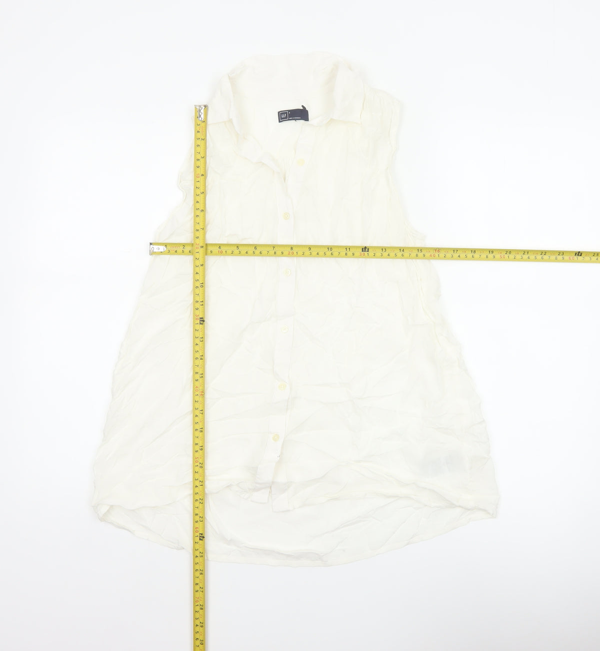 Close-up detail of GAP Women White S Sleeveless Ruffle Collar Rayon Button-Up Blouse