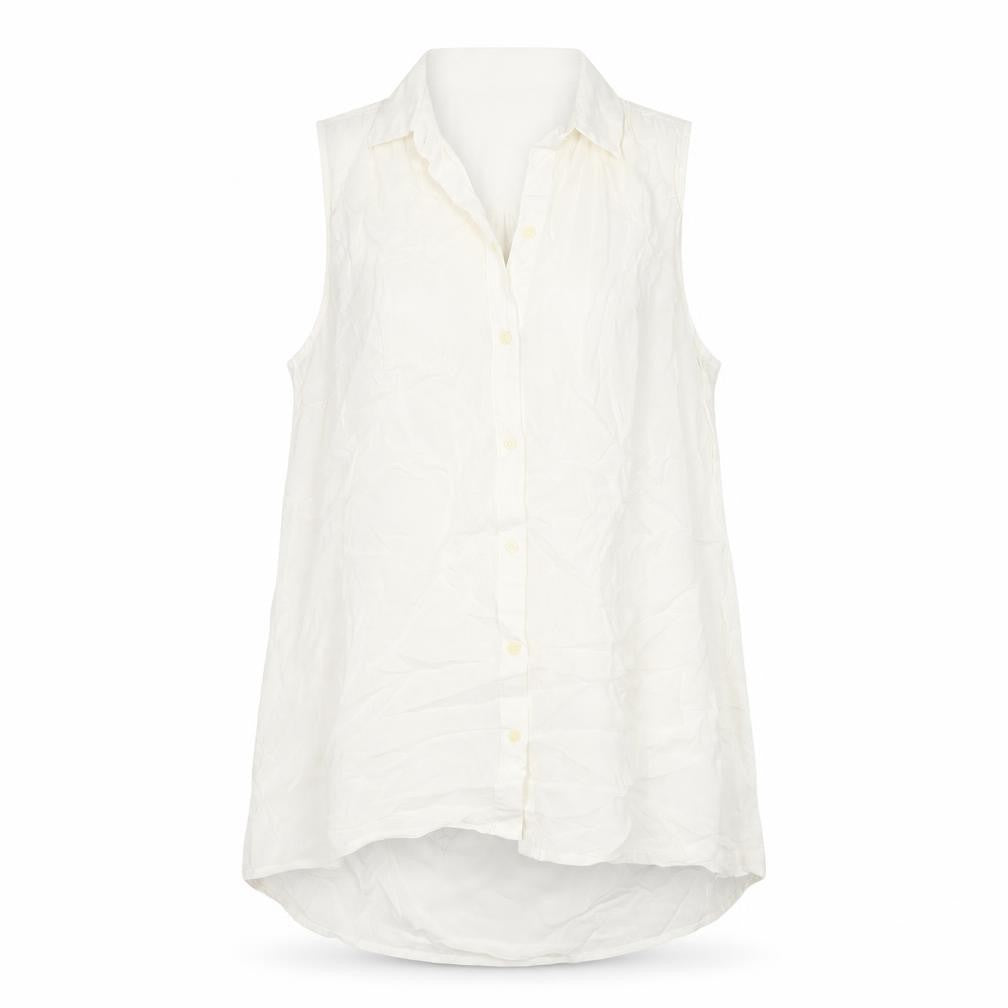Front view of GAP Women White S Sleeveless Ruffle Collar Rayon Button-Up Blouse