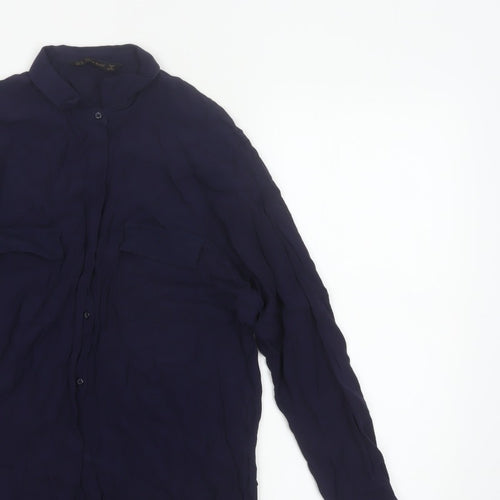 Zara Basic Women Blue UK 12 Long Sleeve Collared Button-Up Shirt