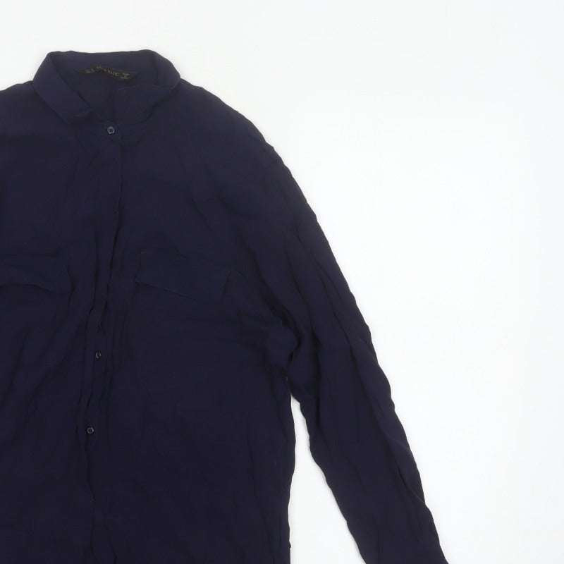 Zara Basic Women Blue UK 12 Long Sleeve Collared Button-Up Shirt