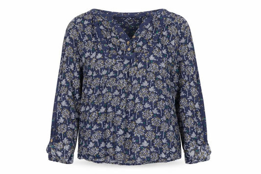 Mantaray Women Blue Size 14 Floral Long Sleeve V-Neck Blouse