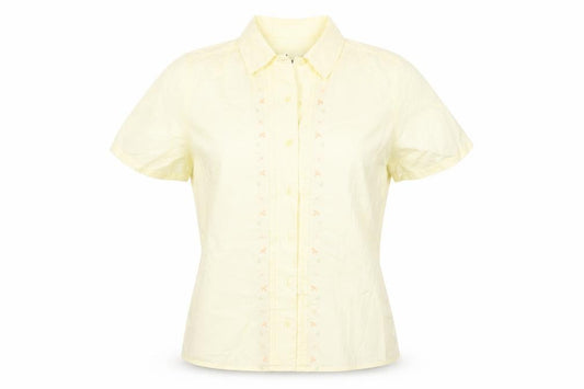 Tulchan Women Yellow S Embroidered Floral Short Sleeve Button-Up Shirt