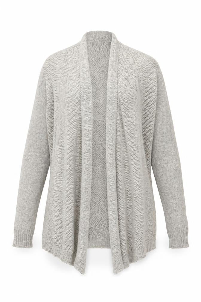 White + Warren Women Grey L Cashmere Open Knit Waterfall Cardigan