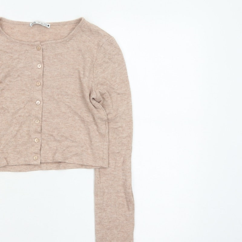 Zara Women Beige S Lightweight Button Front Knit Cardigan