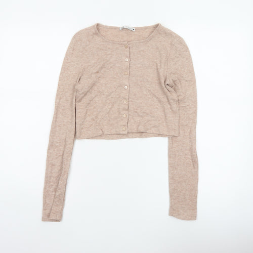 Zara Women Beige S Lightweight Button Front Knit Cardigan
