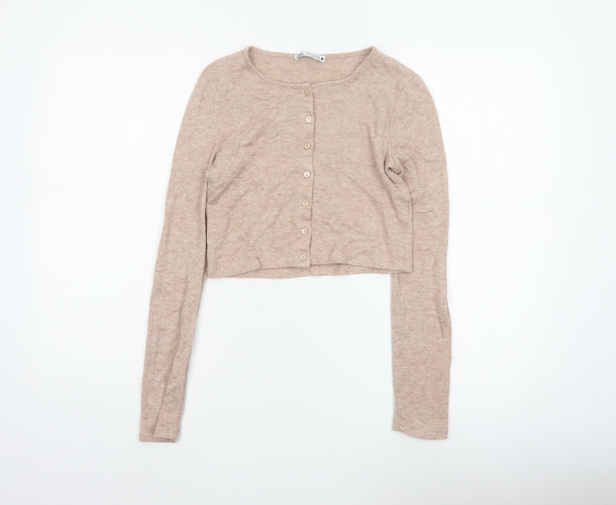 Zara Women Beige S Lightweight Button Front Knit Cardigan