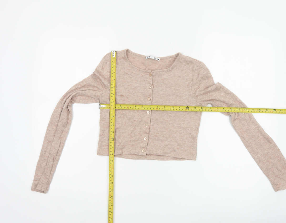 Zara Women Beige S Lightweight Button Front Knit Cardigan
