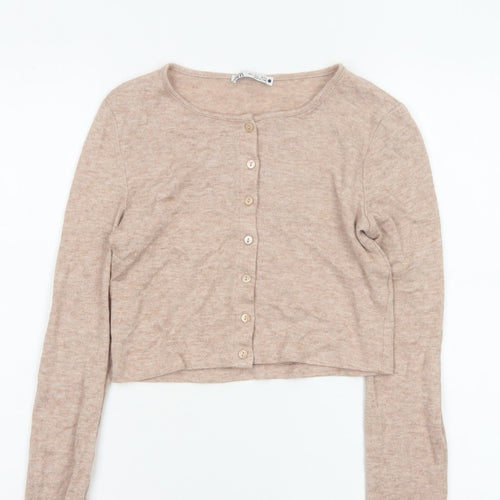 Zara Women Beige S Lightweight Button Front Knit Cardigan