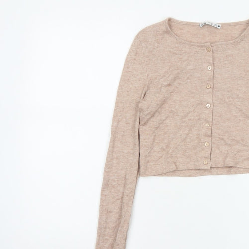 Zara Women Beige S Lightweight Button Front Knit Cardigan