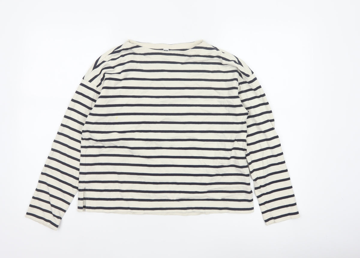 Uniqlo Women Ivory Navy Striped XS Basic Cotton Long Sleeve T-Shirt
