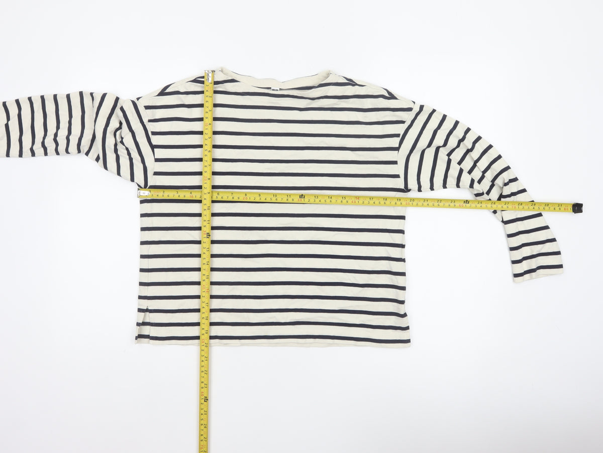 Uniqlo Women Ivory Navy Striped XS Basic Cotton Long Sleeve T-Shirt