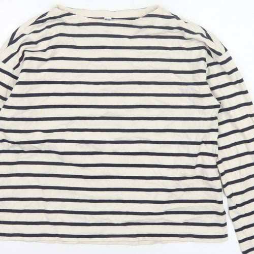 Uniqlo Women Ivory Navy Striped XS Basic Cotton Long Sleeve T-Shirt