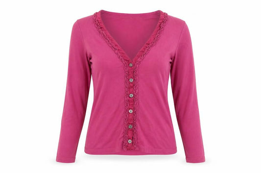 Jigsaw Women Pink S Cotton Jersey Ruffle V-Neck Button-Up Top