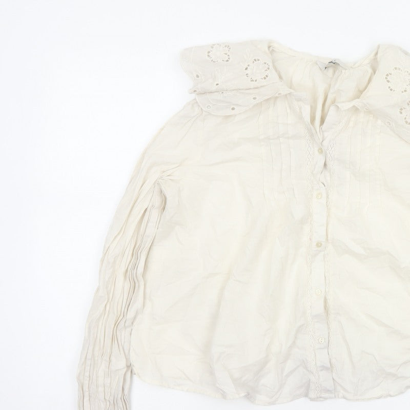 M&S Women's Ivory UK 14 Embroidered Cotton Long Sleeve Button-Up Blouse