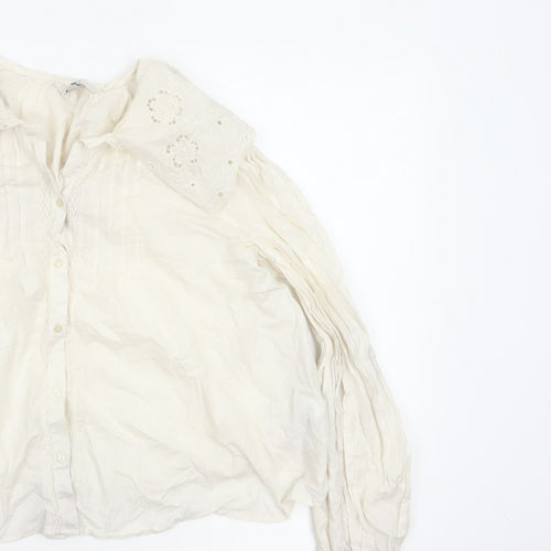 M&S Women's Ivory UK 14 Embroidered Cotton Long Sleeve Button-Up Blouse