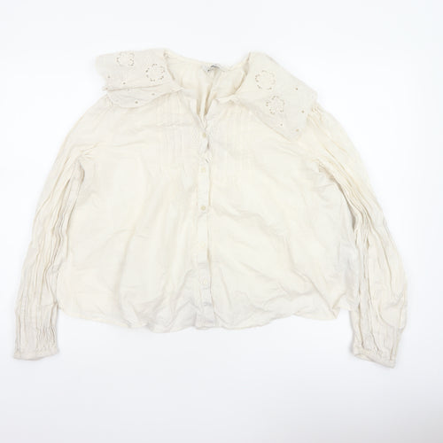 M&S Women's Ivory UK 14 Embroidered Cotton Long Sleeve Button-Up Blouse