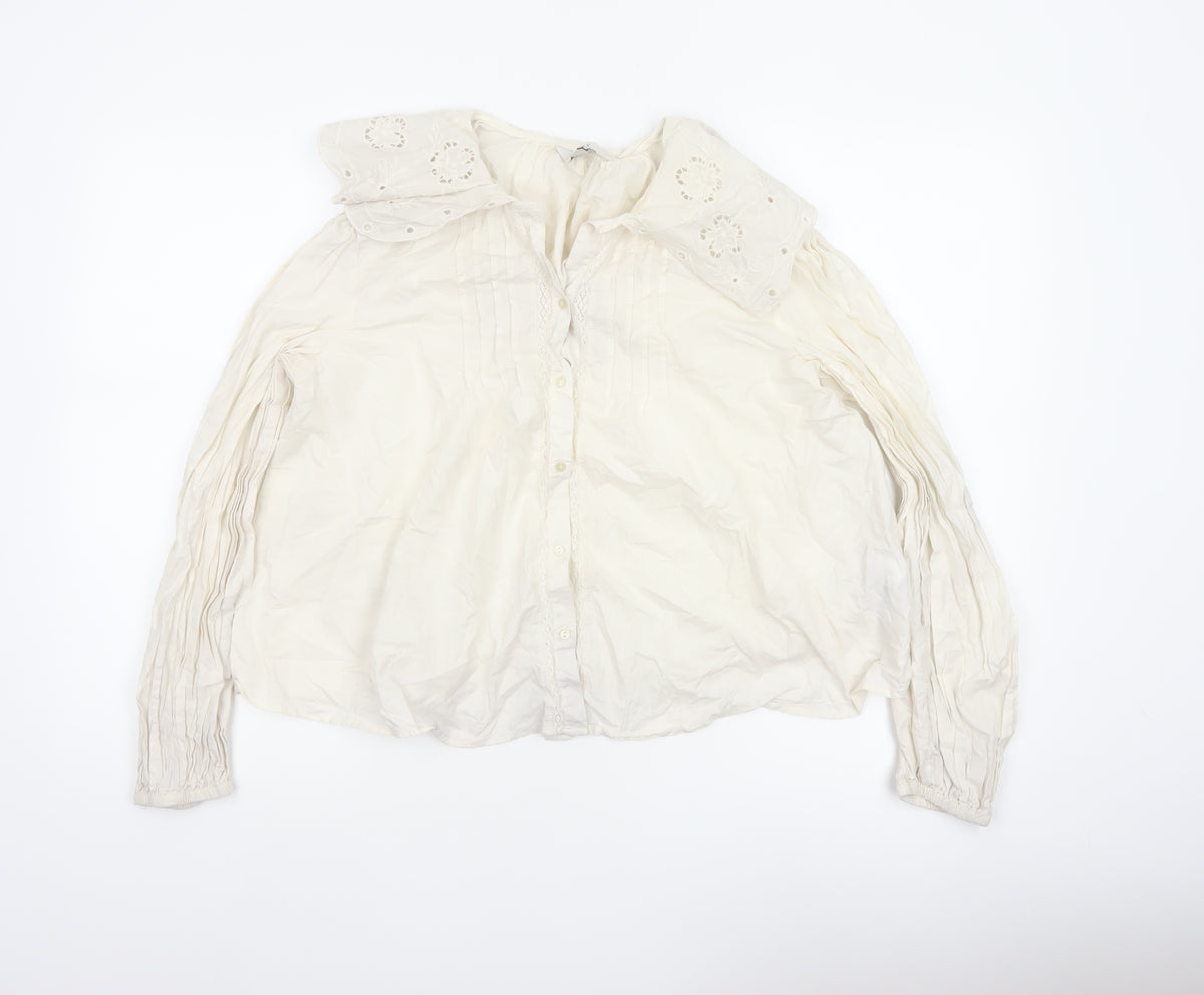 M&S Women's Ivory UK 14 Embroidered Cotton Long Sleeve Button-Up Blouse