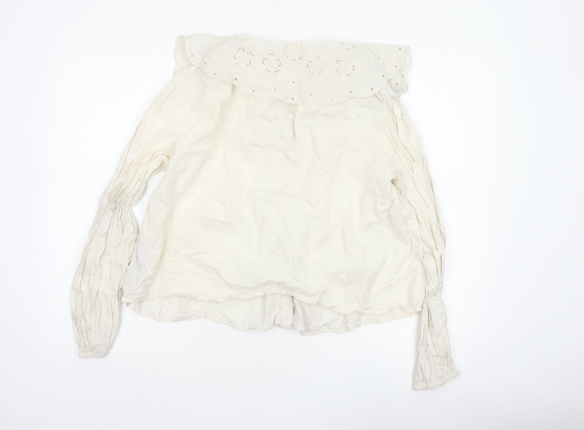 M&S Women's Ivory UK 14 Embroidered Cotton Long Sleeve Button-Up Blouse