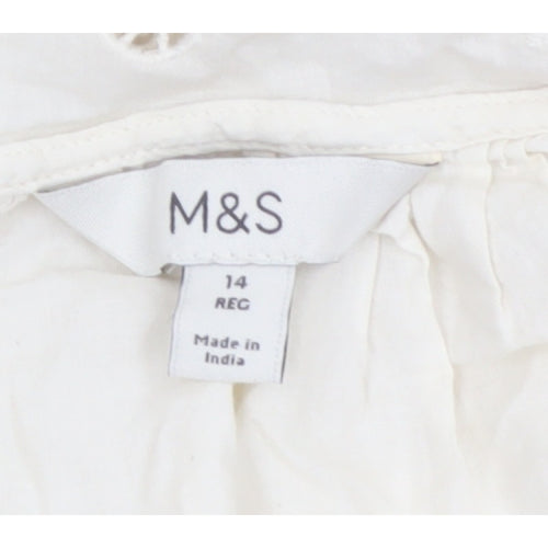 M&S Women's Ivory UK 14 Embroidered Cotton Long Sleeve Button-Up Blouse