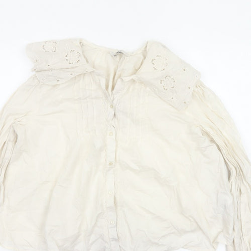 M&S Women's Ivory UK 14 Embroidered Cotton Long Sleeve Button-Up Blouse