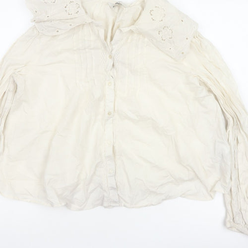 M&S Women's Ivory UK 14 Embroidered Cotton Long Sleeve Button-Up Blouse