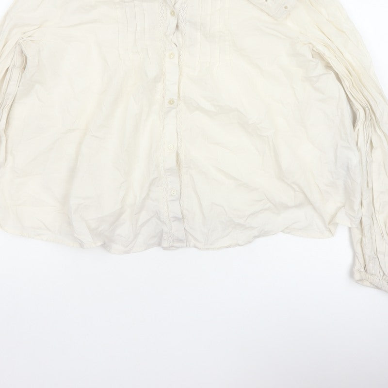 M&S Women's Ivory UK 14 Embroidered Cotton Long Sleeve Button-Up Blouse
