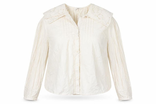 M&S Women's Ivory UK 14 Embroidered Cotton Long Sleeve Button-Up Blouse