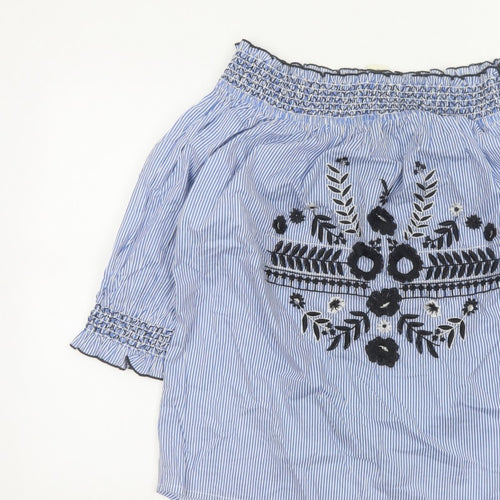 River Island Women Blue Stripe Off Shoulder Embroidered Tunic Blouse UK 14