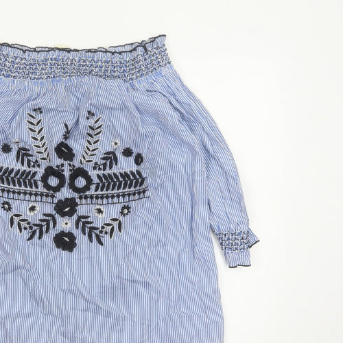 River Island Women Blue Stripe Off Shoulder Embroidered Tunic Blouse UK 14