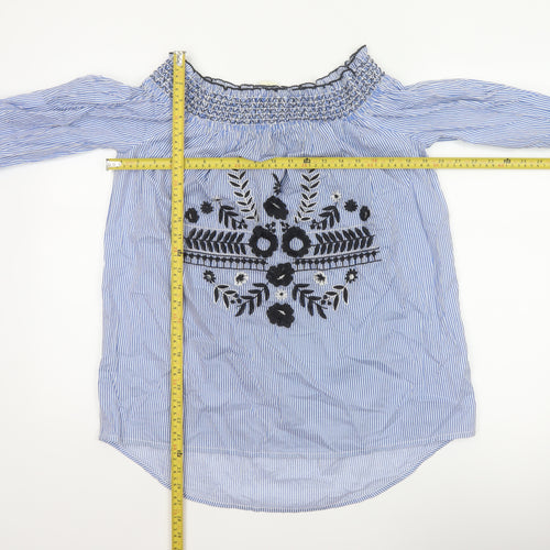 River Island Women Blue Stripe Off Shoulder Embroidered Tunic Blouse UK 14