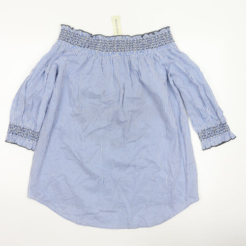 River Island Women Blue Stripe Off Shoulder Embroidered Tunic Blouse UK 14