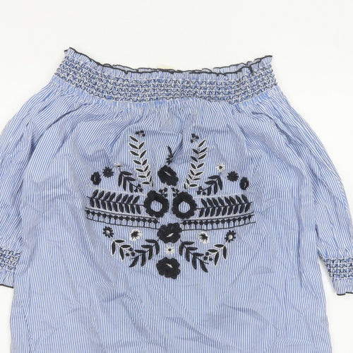 River Island Women Blue Stripe Off Shoulder Embroidered Tunic Blouse UK 14