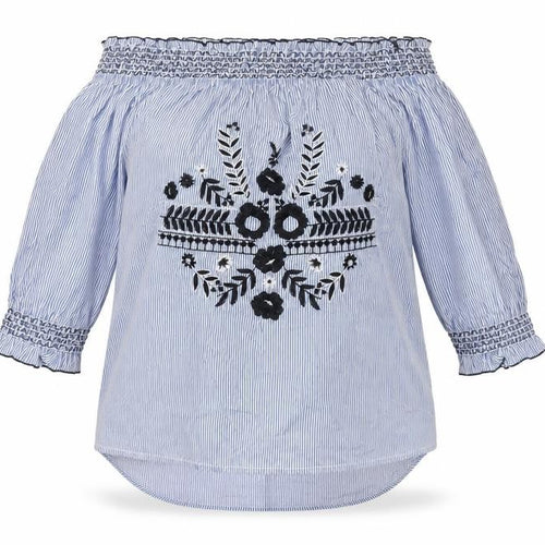 River Island Women Blue Stripe Off Shoulder Embroidered Tunic Blouse UK 14